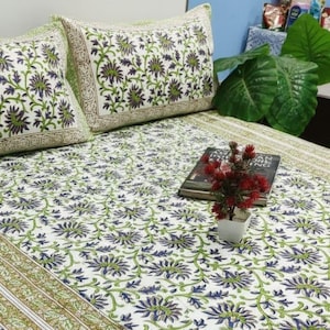 Jaipuri-Bettwäsche-Set aus Baumwolle mit handbedrucktem Blockdruck | Grün-Blaues Blumenmuster | Queen- und Kingsize-Bettwäsche