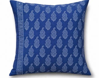 Indigo Blue Hand Block Print Cotton Cushion Cover, Floral Indian Throw Pillow