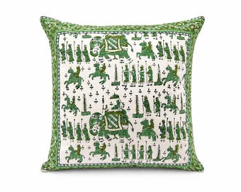 Set of 2 Green Elephant Block Print Cotton Cushion Covers | Indian Boho Bedroom Decor