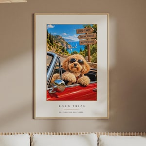 Hundtryck med vägresor, destination lycka, Cockapoo-väggkonst, rolig Cavachon-hundposter