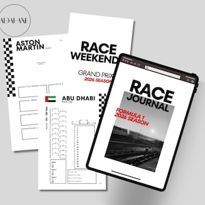 May include: A digital tablet and two printed sheets with racing-themed designs. The tablet displays "RACE JOURNAL" and "FORMULA 1 2026 SEASON." The printed sheets feature "ASTON MARTIN" and "RACE WEEKEND" with "ABU DHABI" details. The color scheme is primarily black and white.