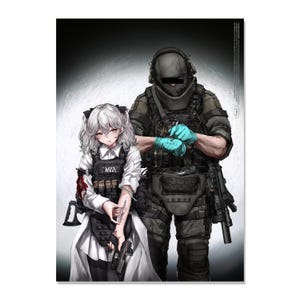 May include: An anime-style illustration featuring a young person with white hair in a white shirt and black tactical vest, holding a syringe, standing beside a tactical soldier in full black gear, a helmet, and teal gloves, against a circular background.