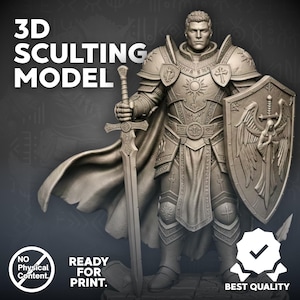 May include: A 3D sculpting model of a knight in full armour, holding a sword and shield. The knight is depicted in a heroic pose, with intricate details on the armour and weapons. The image includes text that says "3D Sculpting Model" and "Ready for Print."