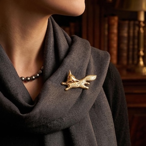 Gold Tone Fox Brooch • Ruby Red Eyes, Mid Century Animal Jewelry