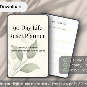 Könnte beinhalten: Ein digitaler Planer mit schwarzem Rand, mit dem Text "90 Day Life Reset Planner". Das Design beinhaltet grüne Blätter im Aquarellstil. Zusätzlicher Text beinhaltet "90 Day Goals, Priority Planner, Habit Tracker". Der Planer ist für die Verwendung auf Tablet und iPad konzipiert.