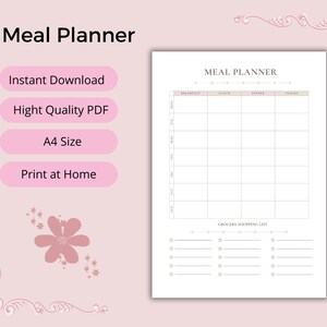Op de afbeelding: Een roze en witte maaltijdplanner met de tekst "Meal Planner" bovenaan. De planner bevat secties voor elke dag van de week, ontbijt, lunch, diner en snacks. De tekst "Instant Download", "Hight Quality PDF", "A4 Size" en "Print at Home" zijn ook zichtbaar.