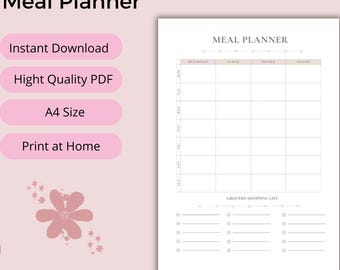 Printable Meal Planner / Instant Download PDF A4 / Minimalist Food Planner / Healthy Eating Tracker