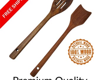 Espátula y volteador de madera de acacia 100%, utensilios de cocina de madera natural, ecológicos, mango largo.