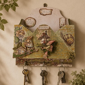 Può includere: Un portachiavi decorativo con un design stravagante con una casa a forma di fungo, una lumaca e un topo. Il portachiavi ha tre ganci con chiavi appese. Il testo "Happy Home" è visibile.