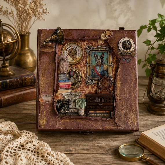 Große handgefertigte Vintage dekorative Aufbewahrungsbox, Steampunk- Aufbewahrungsbox, Erinnerungskiste, Holzschatzkiste, einzigartiges Wohndekorgeschenk