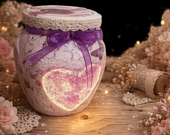 Romantic Glass Jar Lantern with Heart Light | Handmade Decoupage Candle Holder | Vintage Style Decor | Gift for Her | Wedding Decor