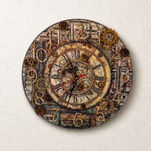 May include: Round steampunk-style wall clock with a distressed, aged appearance. The clock face features Roman numerals and intricate gears. The hands are black with a red second hand. The clock is approximately 12 inches in diameter.
