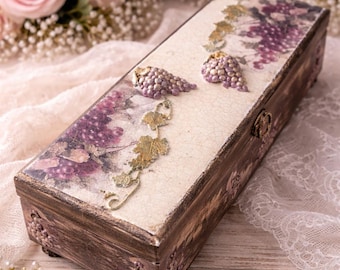Handmade Wooden Wine Box, Vintage Grapes Decoupage, Rustic Wine Gift Case for Bottle Storage