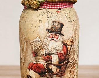 Ręcznie robiony słoik z motywem Świętego Mikołaja, rustykalny wazon świąteczny w stylu shabby chic (20 cm)