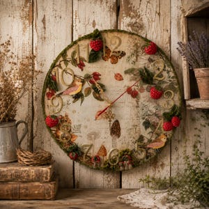 Può includere: Un orologio da parete rotondo con una stampa botanica in stile vintage che raffigura uccelli, funghi e testo scritto a mano. Il quadrante è decorato con bacche rosse tridimensionali, muschio verde, numeri dorati e lancette in metallo.