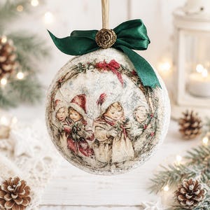 Adorno navideño vintage grande hecho a mano de 15 cm / Bola navideña victoriana con decoupage / Decoración rústica para árbol de Navidad / Regalo navideño