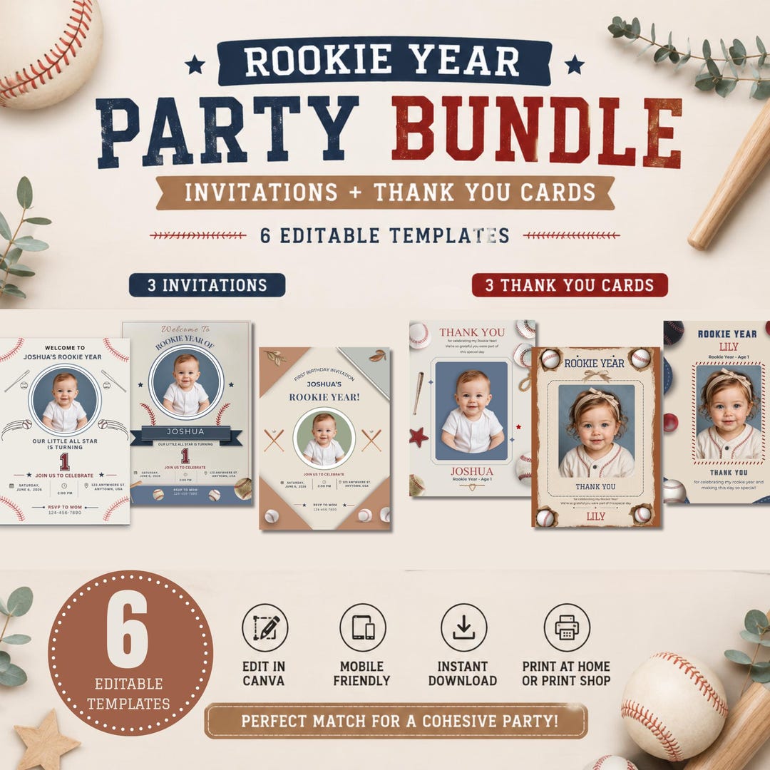 Rookie Year Party Bundle, Editable Baseball Birthday Invitation & Thank ...