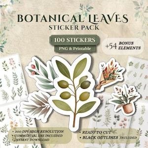 Könnte beinhalten: Ein Sticker-Paket mit botanischen Blättern. Das Paket enthält 100 Sticker und 54 zusätzliche Elemente. Die Sticker sind PNG-Dateien und druckbar, mit schwarzen Umrissen. Sie zeigen Olivenzweige, Blumensträuße und Topfpflanzen.