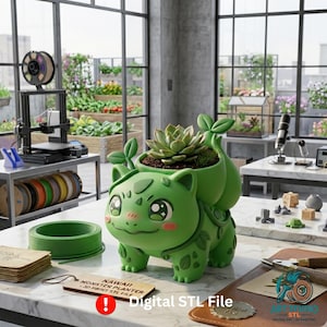 May include: A green creature-shaped planter with a succulent plant inside, featuring large eyes and leaf-like details. A wooden tag in front reads "KAWAII MONSTER PLANTER - 3D PRINT STL FILE" with an exclamation point icon and "Digital STL File" text.