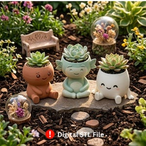 May include: Three whimsical succulent planters in the shape of cartoon characters. The planters are in shades of brown, mint green, and white. Each planter holds a green succulent. The image also includes two glass globes with dried flowers and a small decorative bench.