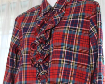 Y2K Ralph Lauren Tartan Plaid Blouse, Ruffled Bib (Size S)