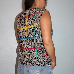 Frühe LIZ CLAIBORNE PETITES Kultige Strukturierte Pullover Weste 80er Jahre Modell Magazin Mode Vintage Label Chunky Dickes Leinen Mischung Geo Leitartikel