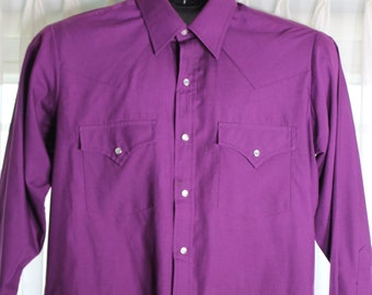 Vintage Sheplers Western Cowboy Shirt, Purple Faux MOP Snaps, Size 15-32