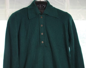 Rare VALERIE LOUTHAN Mens Luxury CASHMERE Collared Sweater Peacock Green Irish Made Scotland Bonwit Teller M  L 46&quot; chest Braemer 2 avail