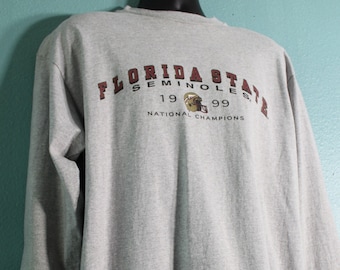 FSU Vintage 1999 SEMINOLES National Champions T Shirt LS Tee L Athletic Gray Metallic Gold Helmet Florida State Extra Thick 100% Cotton Nice