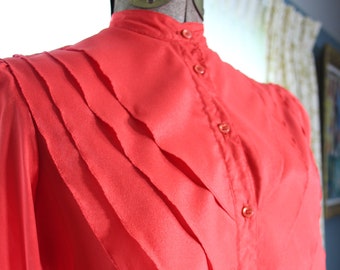 Vintage Red Art Deco Secretary Blouse: Sheer Pleated Yoke, XS/S