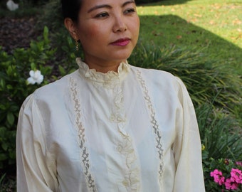 Vintage 80s Silk Blouse: Victorian Style Ruffle Collar, Size M