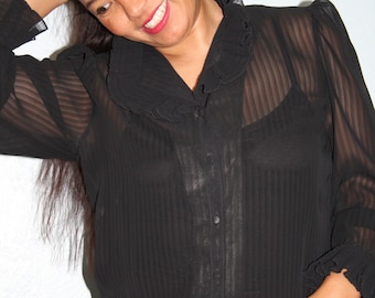 Vintage Sheer Schwarze Bluse mit Rüschenkragen, Langarmtop