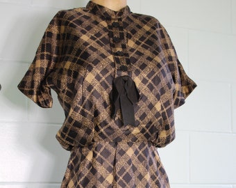 60s MR MORT Pristine SILK New Look Xs S  Plaid Dress with Bow Fashion History Collector Rare Vintage  Button Up Back Mod Rockabilly 25w