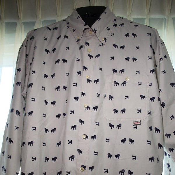 90s Iconic PEPE JEANS BULLDOG Print Button Down Shirt Lg Logo Motif English Dog Lover London Uk Polyester Long Sleeve L/S L Hip Hop Britain