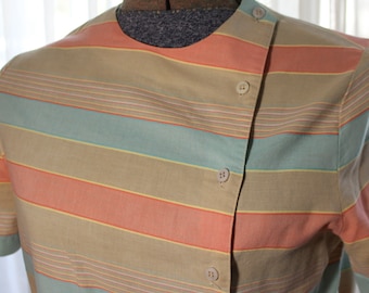 70s Striped Pastel Blouse, Asymmetrical Button Front