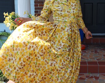 50s Silk Floral Dress, Hannah Troy Designer Vintage, Small
