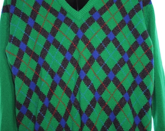 Vintage Lambswool Argyle Sweater: Braemer of Scotland, Green Geo Diamond