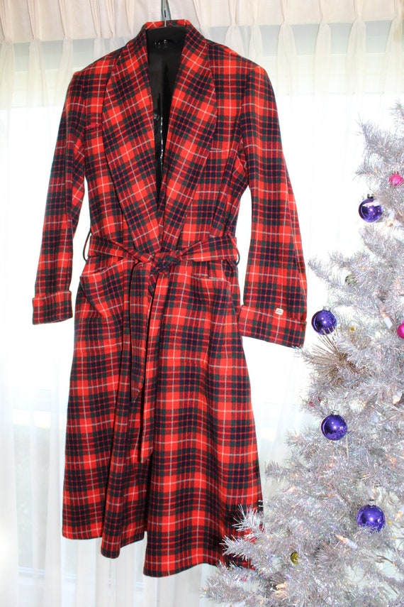 40s 50s RED FRASER PLAID New Wool Robe w Belt Mar… - image 1