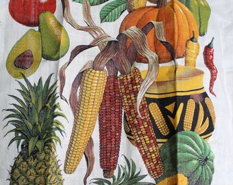HARVEST Thanksgiving Print LINEN Kitchen Tea Towel Fall Autumn Decor 1991 Smithsonian R Batchelor Vintage Seeds of History Americana Museum