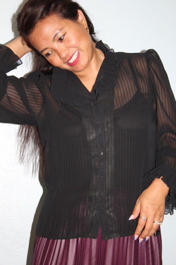 Vintage Sheer Black Blouse with Ruffle Collar, Long Sleeve Top