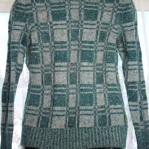 Könnte beinhalten: Ein grüner und weißer karierter Pullover mit Rundhalsausschnitt.