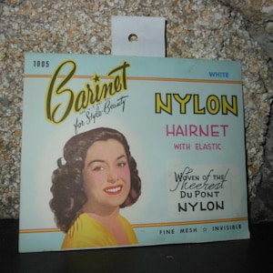 40er Jahre Vintage BARINET HAARNETZ w Elastisches DuPont Nylon NOS in Farbe Werbepaket Feinmaschig Hübsches Pin-Up-Girl