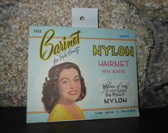 40s Vintage BARINET HAIRNET w Elastic Du Pont Nylon NOS in Color Advertising Packet Fine Mesh Pretty Pin-Up Girl