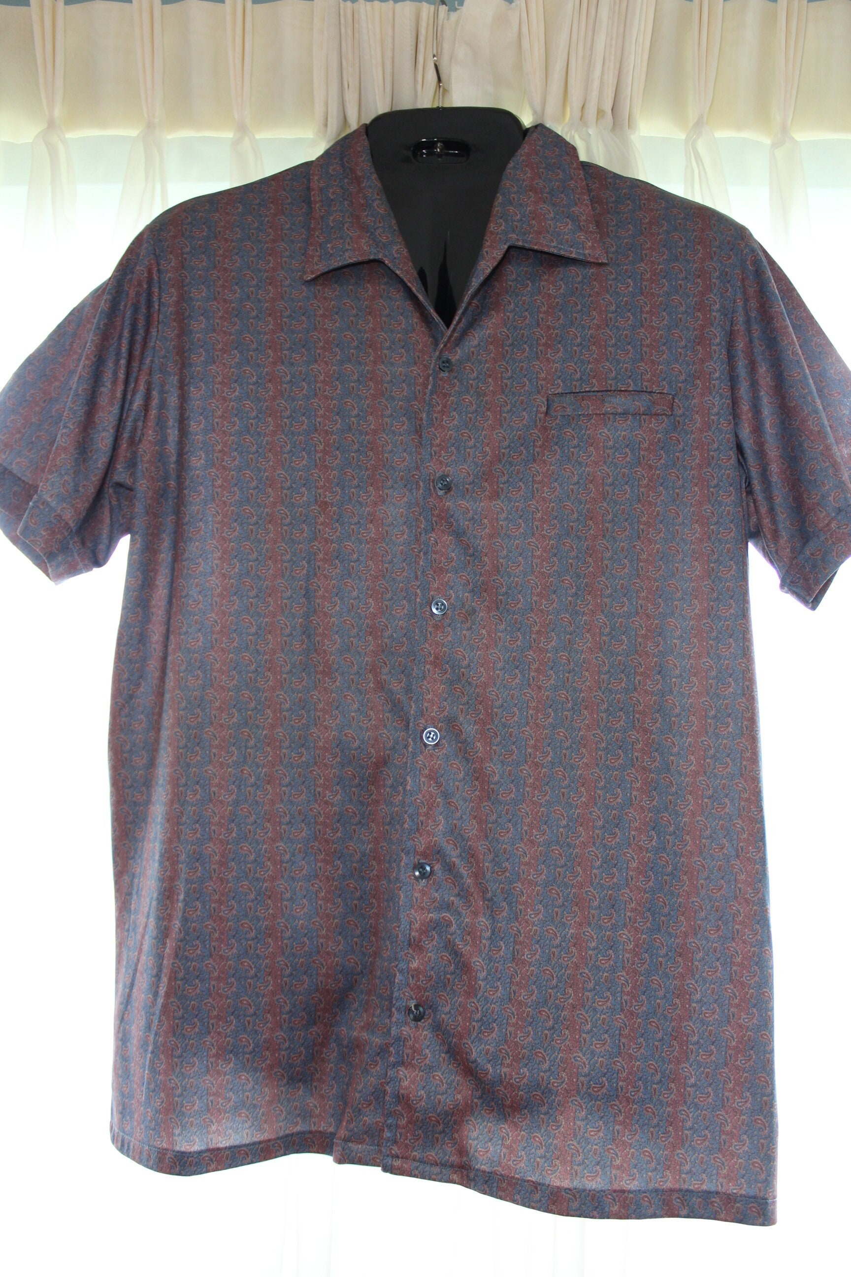 Vintage 70s Billiards Pool Disco Shirt Mens L Fitted Poly Hutspah