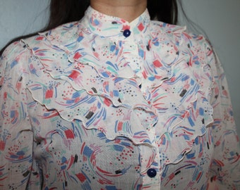 Vintage 80s Ruffle Blouse - Abstract Print High Neck Shirt