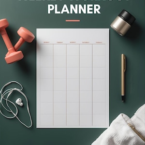 May include: A weekly workout planner with the text "WEEKLY WORKOUT PLANNER" in white. The image includes peach-colored dumbbells, a gold pen, a white towel, and a pair of white earbuds. A silver and black container is also present.