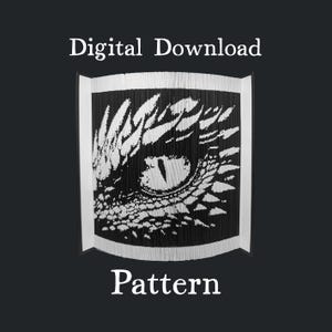 May include: A black and white digital pattern featuring a dragon's eye. The image includes the text "Digital Download" at the top and "Pattern" at the bottom. The eye is detailed with scales and a sharp gaze.