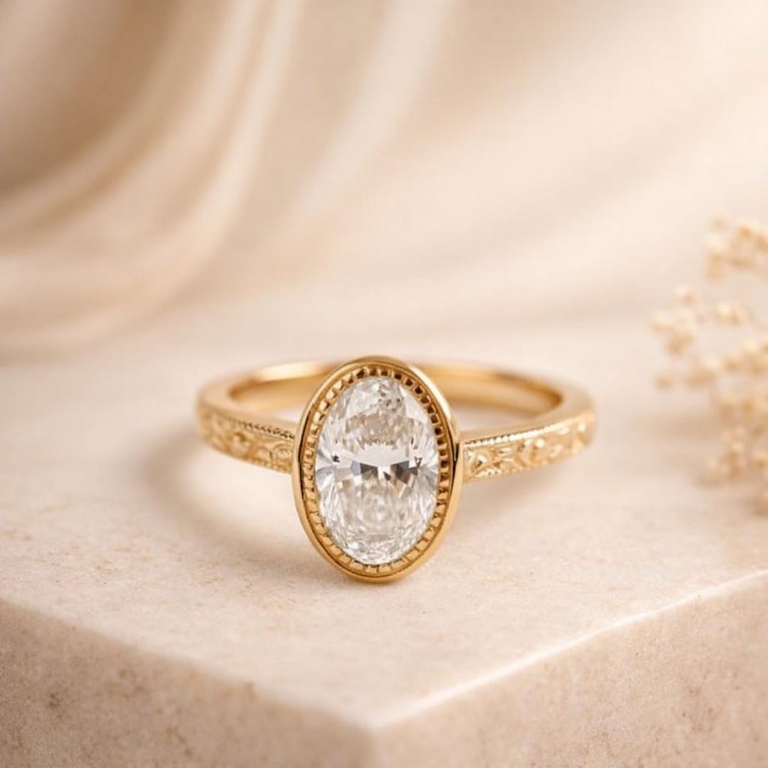 14kt Solid Gold Vintage Oval Moissanite Engagement Ring • Bezel Set ...