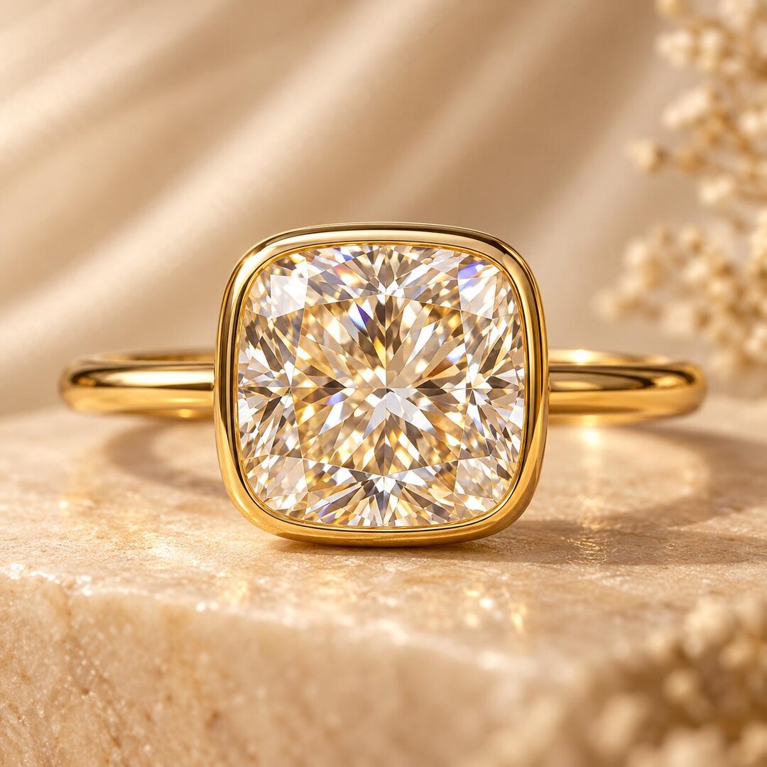 Cushion Cut Diamond Ring, Gold Tone Bezel Set Solitaire, Minimalist ...
