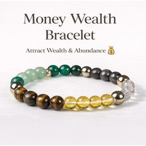 May include: A beaded bracelet with a variety of colorful stones, including green, yellow, brown, and gray. The bracelet is labeled "Money Wealth Bracelet" with the tagline "Attract Wealth & Abundance".